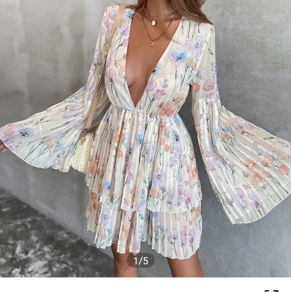 Plunging Neck Pleated Floral Dress